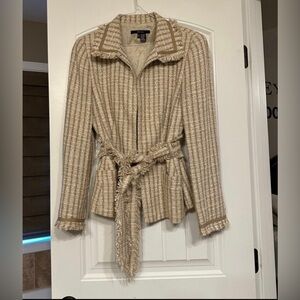 Zara frayed tweed tie waist blazer
